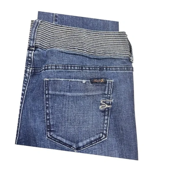 Seven7 Dark Wash Jeans Relaxed Fit Silver Ribbed Waistband High Waist Pants - Picture 5 of 6